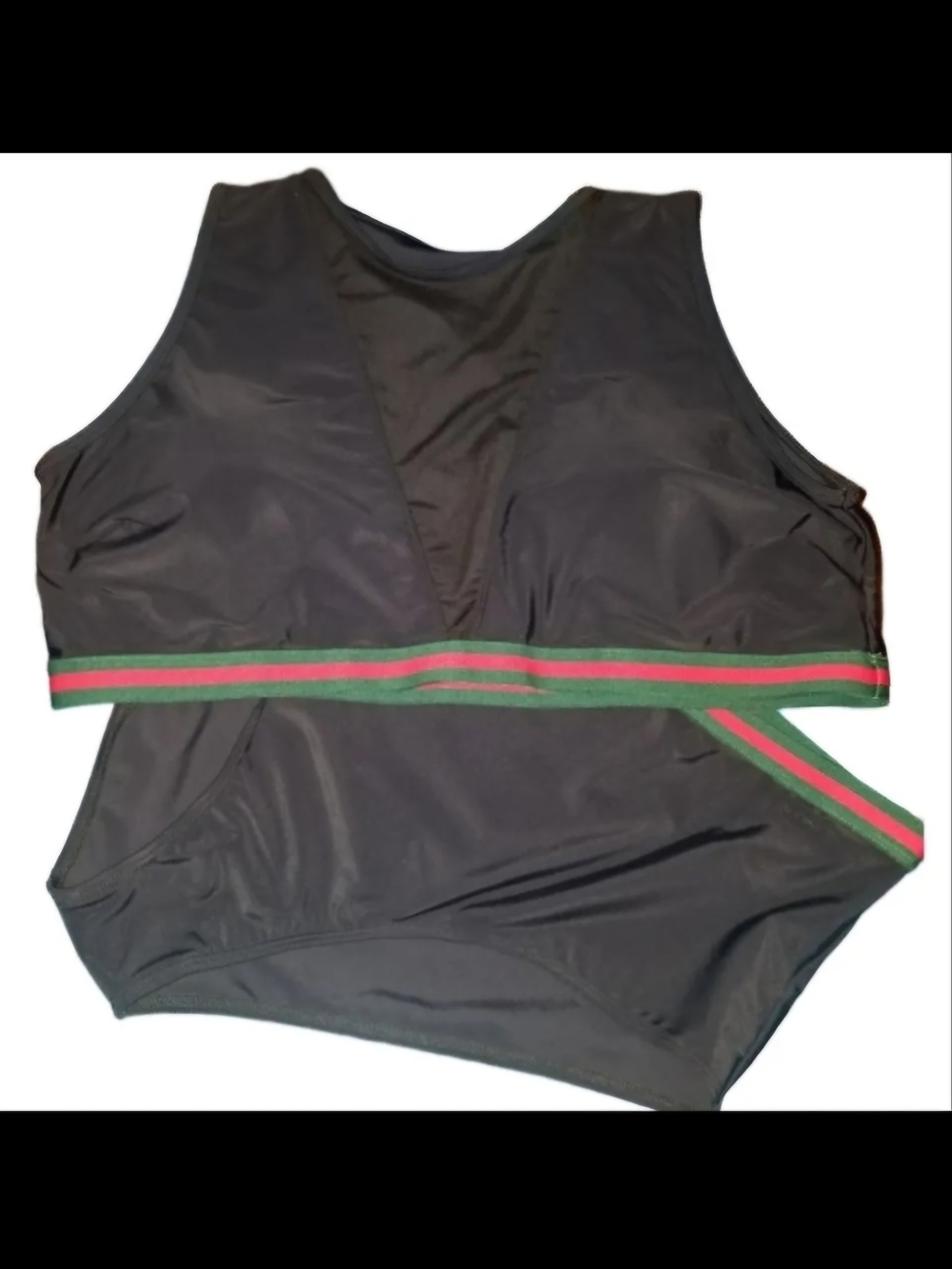Black Two-Piece Swim Set with Green and Red Stripe Band